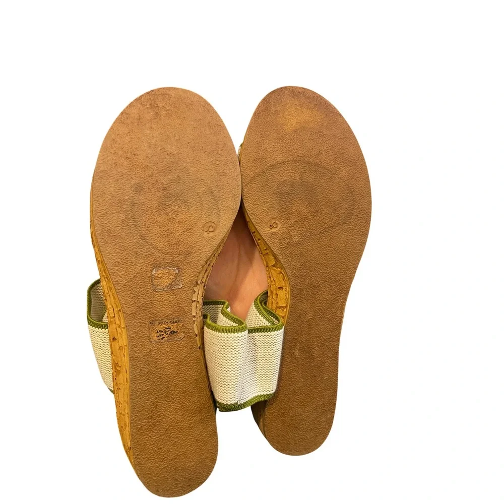 Elastic Strap Cork Like Wedge Sandals Cream Green Sz 9 by Charleston Shoe Co.